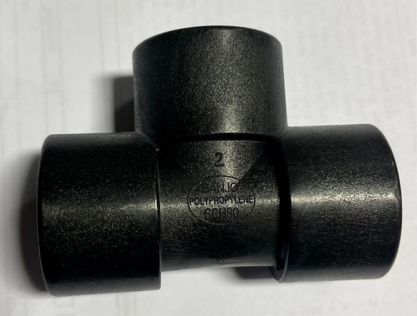 ProTool Tee 3/4in Banjo Poly, black plastic pipe fitting T-shaped connector for plumbing systems.