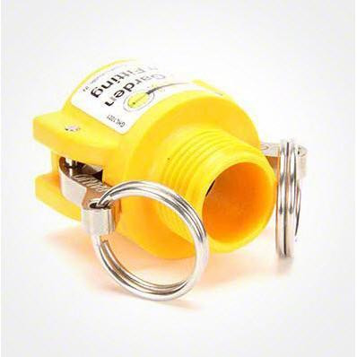 ProTool Coupler 3/4in x 3/4in GH Male Thread, yellow plastic coupler with metal ring clip and label.