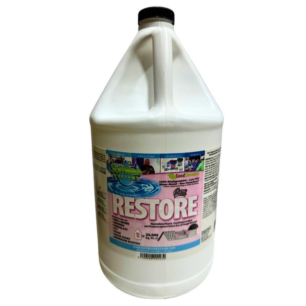 J. Racenstein Restore by Softwash Systems, a white plastic container with a label displaying the product name and usage details.