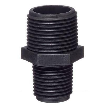 ProTool Adapter Fitting Poly 1/2in x 3/4in MNPT, black plastic pipe fitting with threaded ends for plumbing applications.