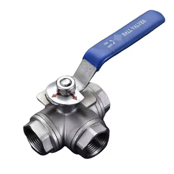 ProTool 3 Way Ball Valve Stainless Steel 1/2in NPT SS, stainless steel ball valve with three ports and a blue lever handle for controlling fluid flow.