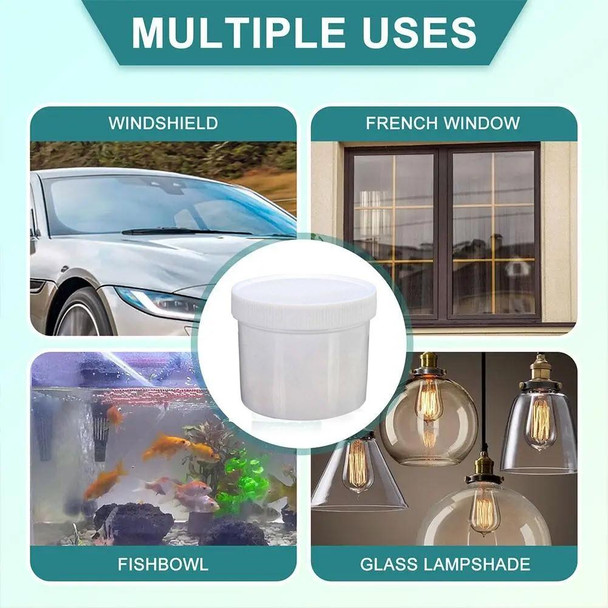 ProTool Cerium Oxide Polishing Powder 3.5oz, image showing multiple uses including windshield, French window, fishbowl, and glass lampshade polishing.