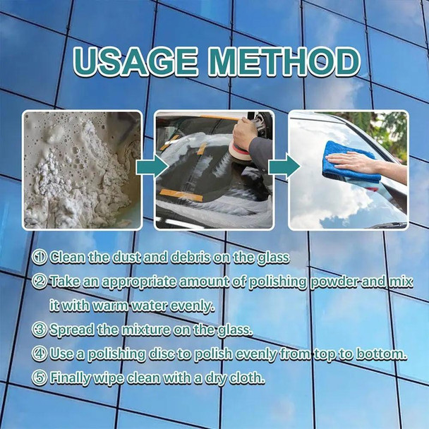 ProTool Cerium Oxide Polishing Powder 3.5oz, product usage instructions for cleaning and polishing glass.