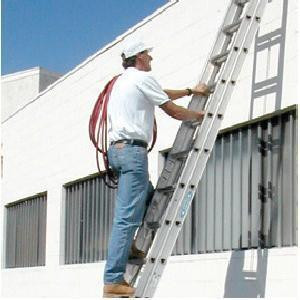 ProTool Ladder Safety DVD, a person climbing a ladder for safety training at a construction site.