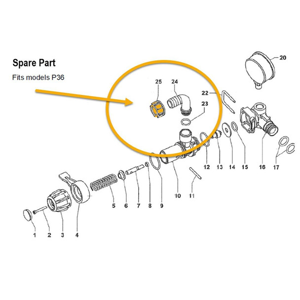 J.Racenstein Comet P36 Wing Nut 3/4in, diagram of a spare part for the comet P36 model, showing the wing nut with part number 25 in an exploded view.