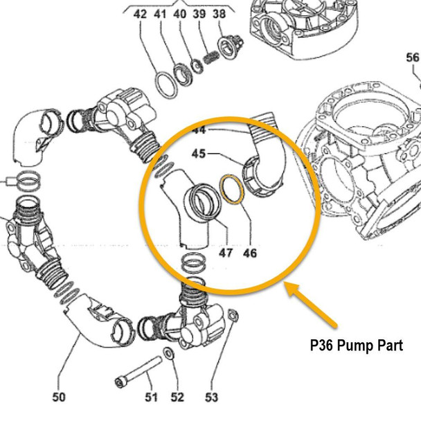 J.Racenstein Comet P36 ORing 3.0x29, technical diagram of the P36 pump part with detailed view of the rubber O-ring for sealing.