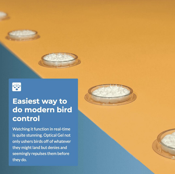 J.Racenstein Bird Barrier Optical Gel, close-up of the bird repellant gel in transparent containers on a yellow and blue background.