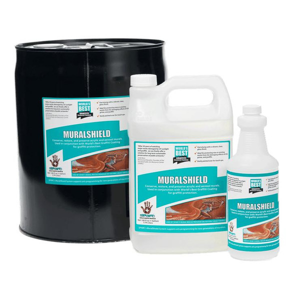 J.Racenstein Muralsheild 5 gallon, large black container with two smaller bottles of mural protection coating, designed for preserving acrylic and aerosol murals.