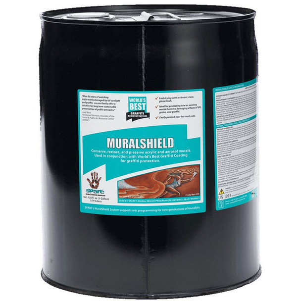 J.Racenstein Muralsheild 5 gallon, black container of mural protective coating for acrylic and aerosol murals.