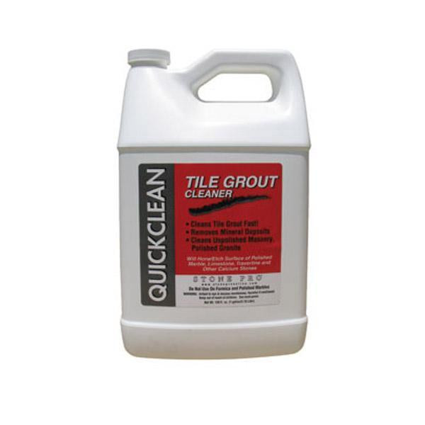 StonePro Quick Clean Qt, a white plastic container of tile grout cleaner with a black and red label highlighting its cleaning features.