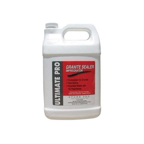 StonePro Ultimate Pro Dense Stone Sealer, white plastic container with red and black label for sealing granite surfaces with fast drying and water-resistant properties.