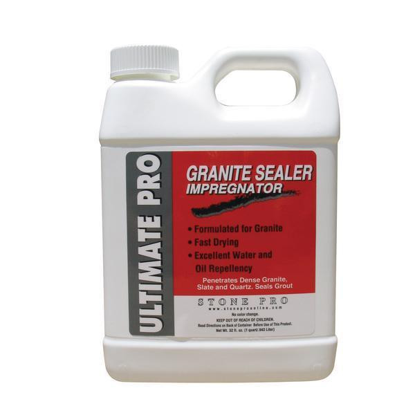 StonePro Ultimate Pro Dense Stone Sealer, white plastic container with a handle and red label indicating it is a granite sealer impregnator for sealing granite and quartz surfaces.
