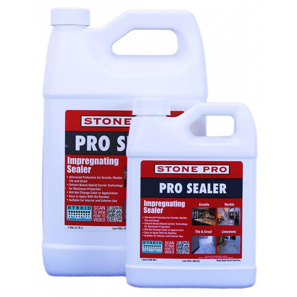 StonePro Ultimate Pro Dense Stone Sealer, two white bottles with red and black labels for impregnating sealing of granite, marble, tile, grout, and limestone.