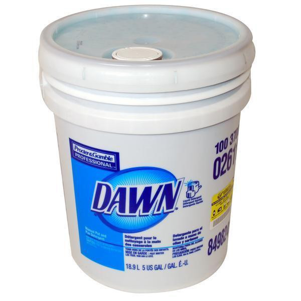 J.Racenstein Dawn Dish Detergent, large white bucket with blue and yellow label for dishwashing and cleaning.