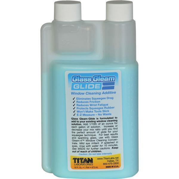 J.Racenstein Glass Gleam Glide PT, window cleaning additive bottle with label showing product benefits and usage instructions.