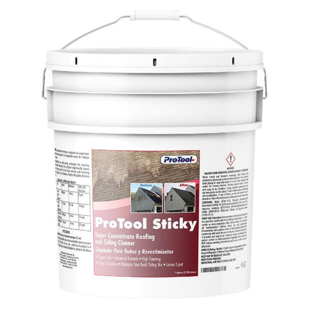 ProTool Sticky, super concentrate roofing and siding cleaner in a white bucket with a handle and label showing before and after renovation images.