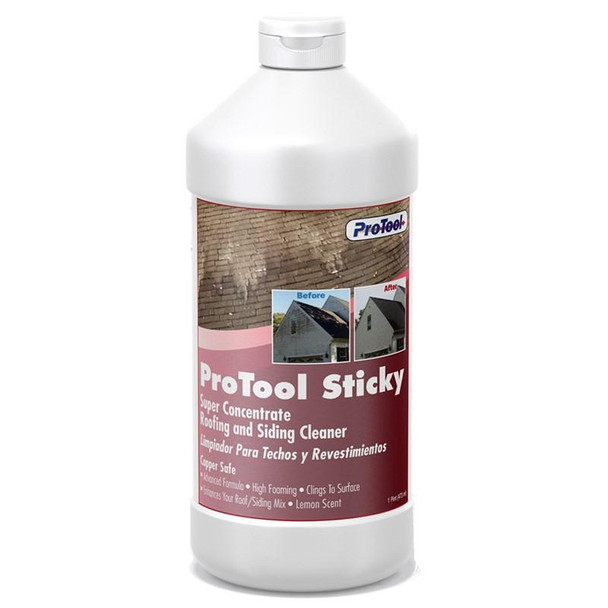 ProTool Sticky, image of a bottle of roofing and siding cleaner with before and after photos on the label.