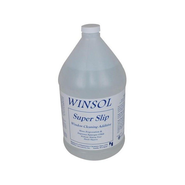 Winsol Super Slip Window Cleaning Soap, a clear plastic bottle with a white cap and a label describing it as a windo cleaning additive that slows evaporation and improves squeegee glide.