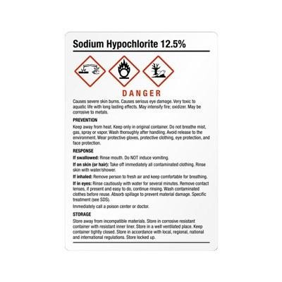 ProTool Sodium Hypochlorite 12.5 SH GHS label, showing hazard symbols for corrosive, health hazard, and environmental hazard.