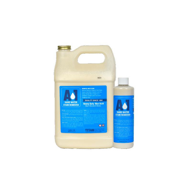 J.Racenstein Titan Labs A1 Hard Water Stain Remover, large and small bottles of cleaning solution for removing hard water stains.