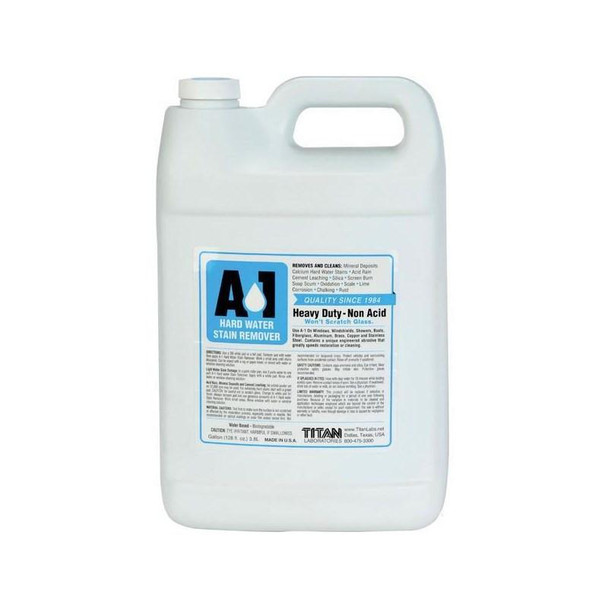 J.Racenstein Titan Labs A1 Hard Water Stain Remover, white gallon container with label indicating it is a heavy-duty, non-acid hard water stain remover.