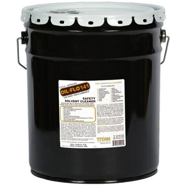 J.Racenstein Oil Flo- 41 5 Gallon Pail, black metal container with white lid and safety solvent cleaner label