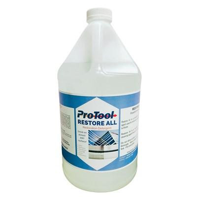 J.Racenstein Protool Restore All Restoration Cleaner, a large white plastic bottle with a blue and white label showcasing the product name and description.