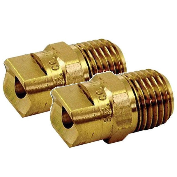 J.Racenstein Nozzle Soap Tips Brass 1/4in Tips for Softwashing, close-up image of two brass pressure washer tips with threaded ends for easy attachment.