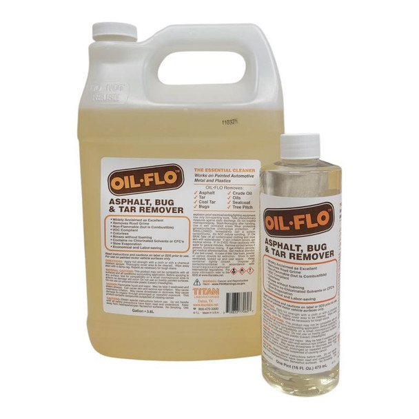 J.Racenstein Titan Labs Oil Flo, automotive cleaner spray for removing asphalt, bugs, tar, and related residues from painted surfaces and plastics.