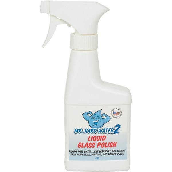 J.Racenstein Mr. HardWater 2 Liquid Glass Polish 8oz, a white spray bottle with a trigger, featuring a blue cartoon water droplet mascot and product label for glass cleaning and polishing.
