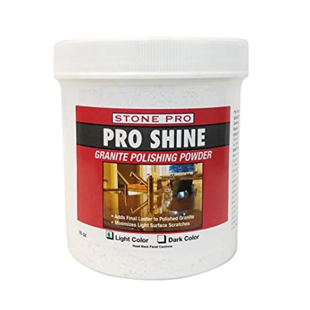 StonePro Granite Countertop Polishing Kit, a white container of granite polishing powder for enhancing and restoring the shine of granite surfaces.