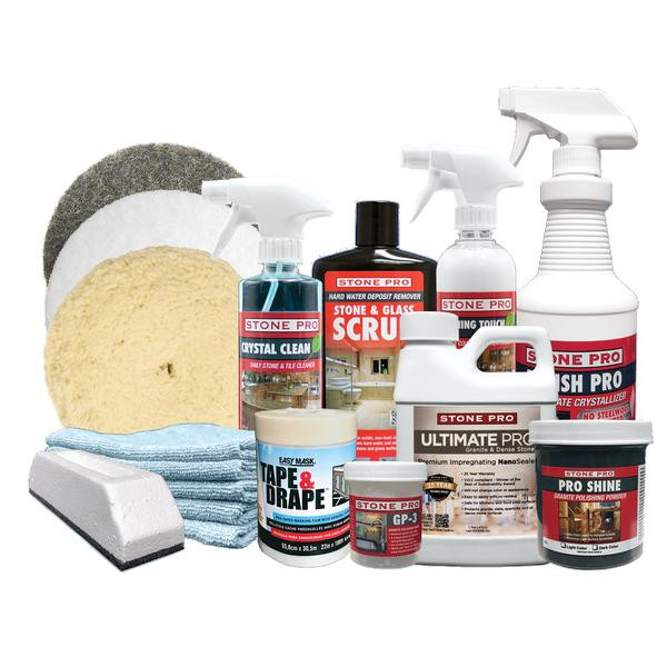 StonePro Granite Countertop Polishing Kit StonePro, assortment of cleaning and polishing products including sprays, scrub, sealers, and scrapers for granite and stone surfaces.