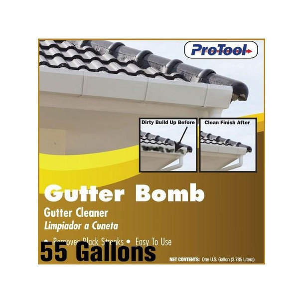 ProTool Gutter Bomb Gutter Cleaner Oxidation Remover, product packaging showing before and after images of clean and dirty gutters, with 55 gallons capacity label.