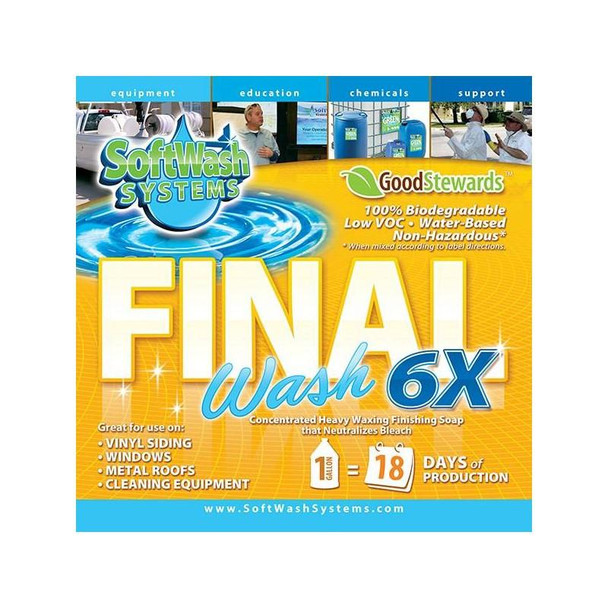 J.Racenstein Final Wash 6X, concentrated heavy waxing finishing soap for vinyl siding, windows, metal roofs, and cleaning equipment