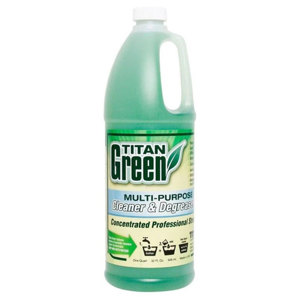 J.Racenstein Titan Labs Titan Green, green multi-purpose cleaner and degreaser bottle with label detailing product features and usage instructions.
