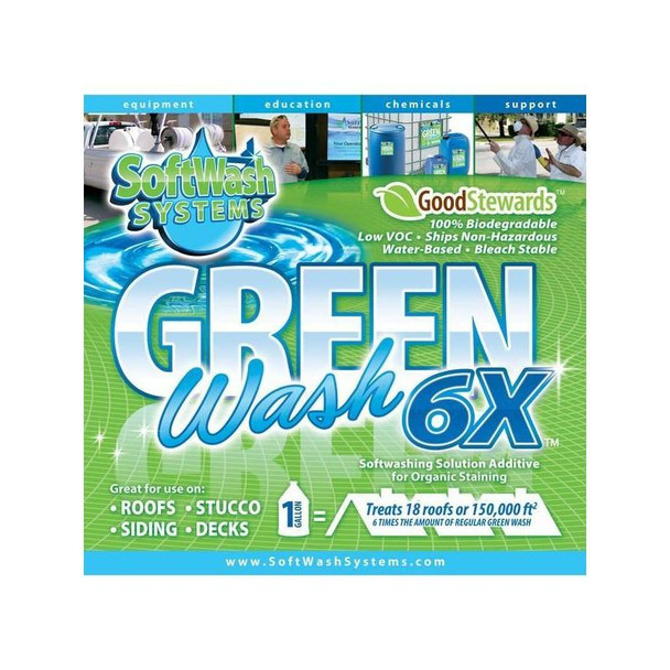J.Racenstein Green Wash 6X, a product label for environmentally friendly, biodegradable, low VOC, water-based roof, stucco, siding, and deck cleaning solution.