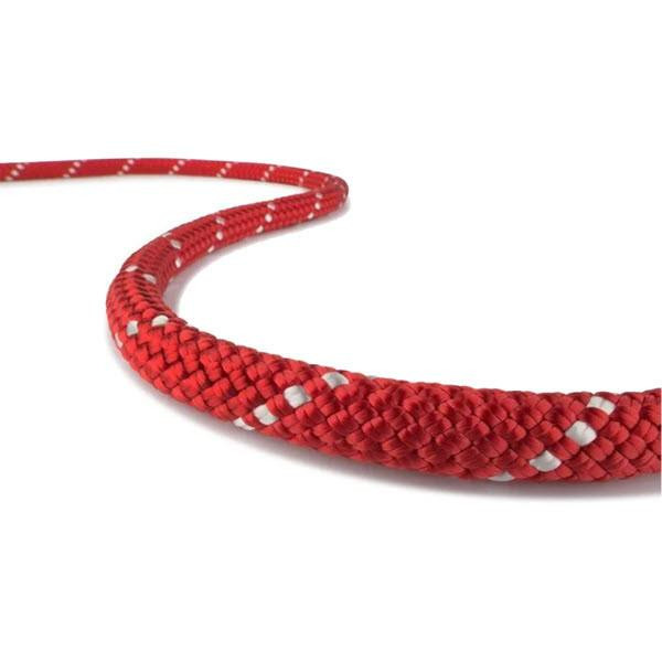 Teufelberger KM PRO Rope 7/16in Red 600, close-up image of a red climbing rope with white accents, highlighting its woven texture and durable design.