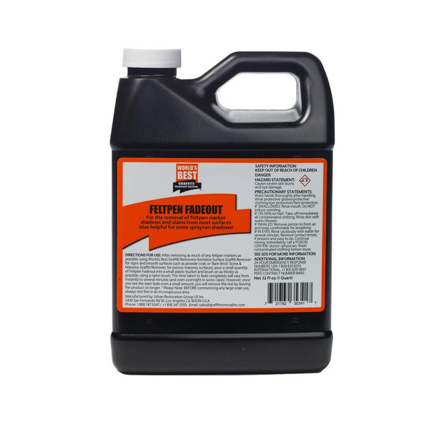 J.Racenstein Worlds Best Graffiti Remover Feltpen Fadeout, black plastic container with orange and white label for graffiti removal product.