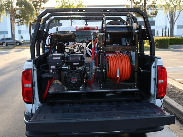 ProTool Small Pure Water Drone Skid, mounted on the back of a truck showing water pump, hoses, and equipment for drone cleaning or maintenance operations.