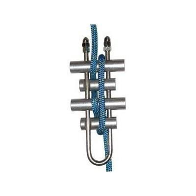 J.Racenstein Rappel Rack 4 w/SS Bars MIO, a metal rappel rack with four stainless steel bars and a blue climbing rope