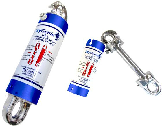 J.Racenstein Sky Genie Descender Large 1/2in Rope, image showing a rescue descender device with metal carabiner and control handle.