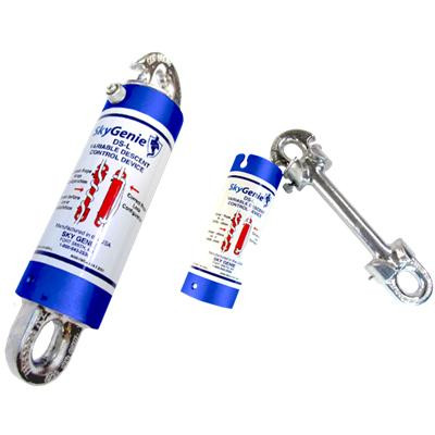 J.Racenstein Sky Genie Descender Large 1/2in Rope, image of two blue and white safety descenders with metal attachment points and an attached turnbuckle.