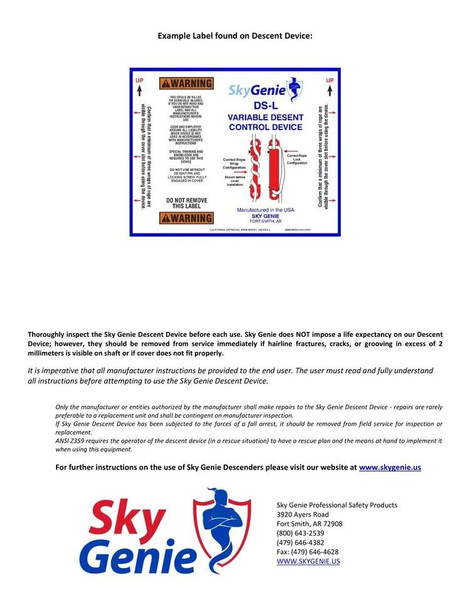 J.Racenstein Sky Genie Descender Large 1/2in Rope, product manual label showing instructions and warnings for the descent device.