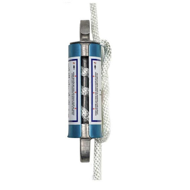 J.Racenstein Sky Genie Descender Large 1/2in Rope, a large safety descender device for rope descent with a white rope attached for climbing or rescue operations.