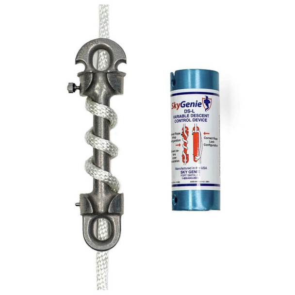 J.Racenstein Sky Genie Descender Large 1/2 inch Rope, metal descender with white rope and Sky Genie Variable Descent Control Device for climbing safety.