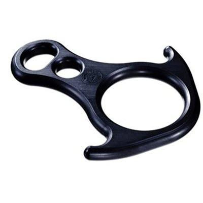 J.Racenstein Figure 8 Descender SMC, black metal climbing safety device with multiple holes and a curved bottom hook for controlled descent in climbing.