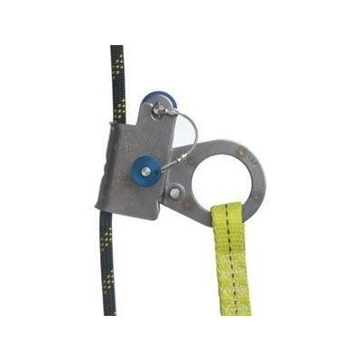 J.Racenstein Rope Grab 1/2in 3ft Shock Absorbing Lanyard, close-up of the safety harness component with a metal mechanism, nylon strap, and shock absorber for fall protection.