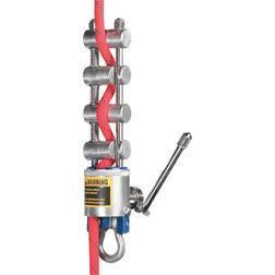 J.Racenstein Rack Type Descender w/Break Alum MIO, metal descender device with a red rope and brake lever for safety and controlled descent