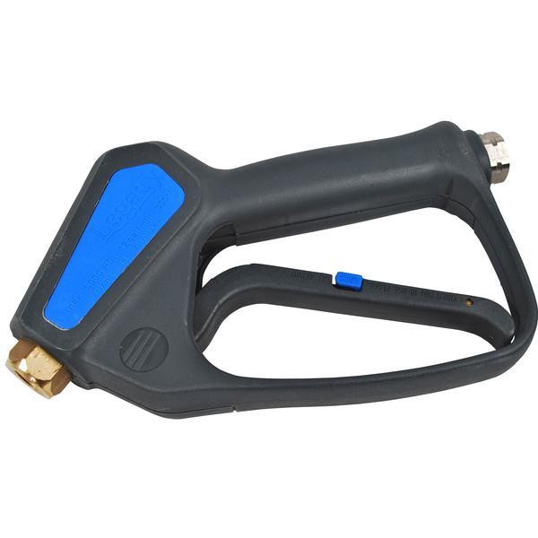 J.Racenstein Trigger Gun 5000psi 300deg 12gpm, black and blue industrial pressure washer trigger gun with brass fittings for high-pressure cleaning.