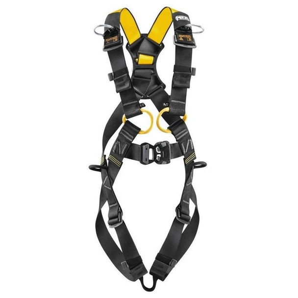 Petzl Newton ANSI/CSA Body Harness, a safety harness with adjustable straps and yellow accents designed for fall protection and work at height.